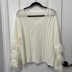 Fringe sleeve white sweater medium